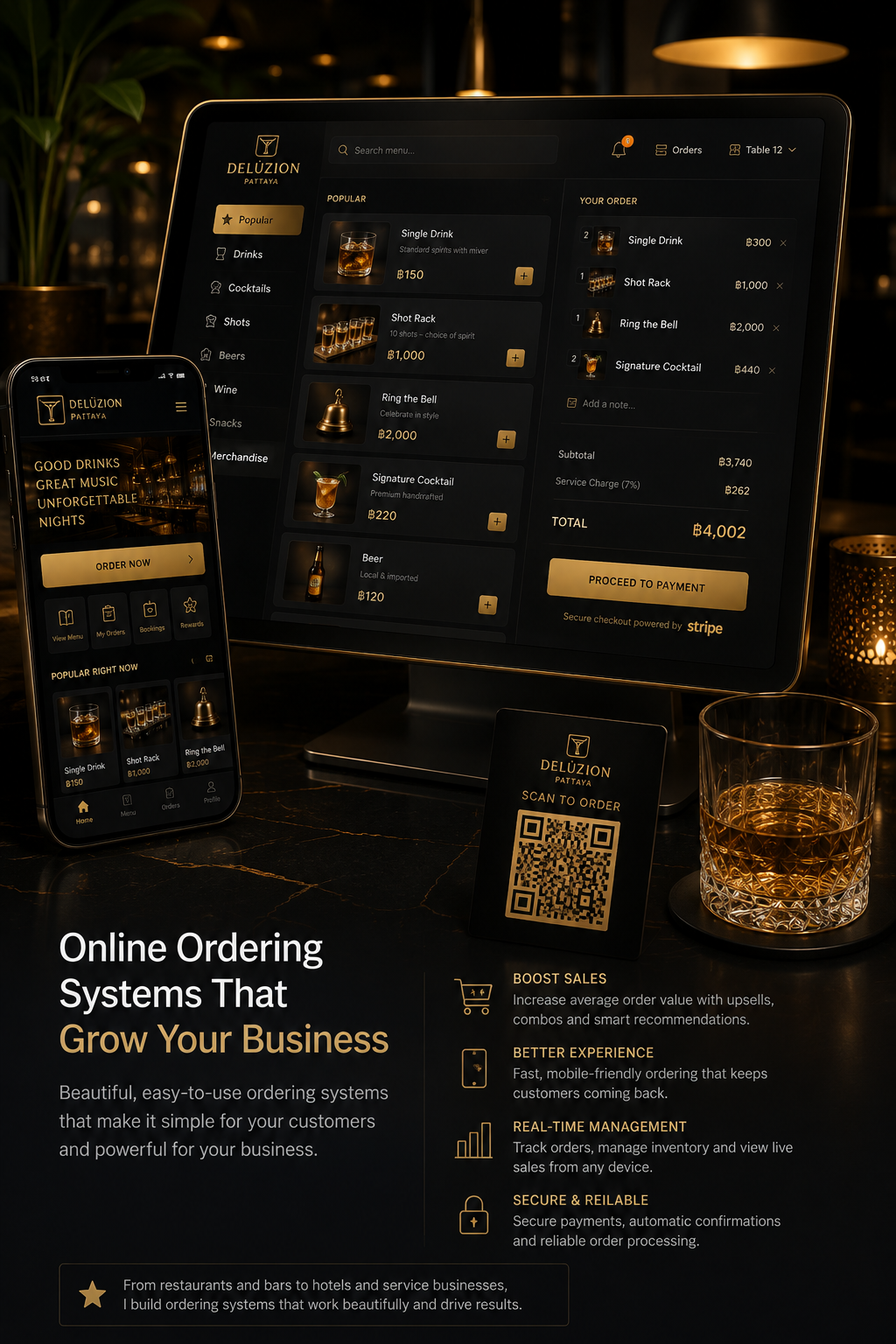 Bespoke EPOS ordering system showing tablet, mobile app and QR scan-to-order